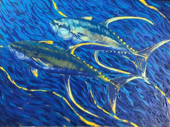 Sickles and Fins (sold), Acrylic by Amy-Lauren Lum Won - Kauai fish art, Hawaii fish paintings